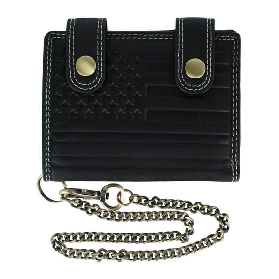 CTM Leather American Flag Bifold Chain Wallet with Snap Closure (Men)