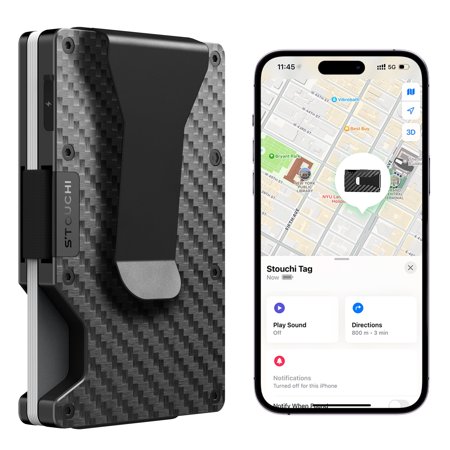 Stouchi Tag Wallet for Men Built-in AirTag Chip, Works with Apple Find My (iOS Only), Slim Minimalist RFID Blocking Trackable Wallet Gift for Men, Money Clip Credit Card Holder