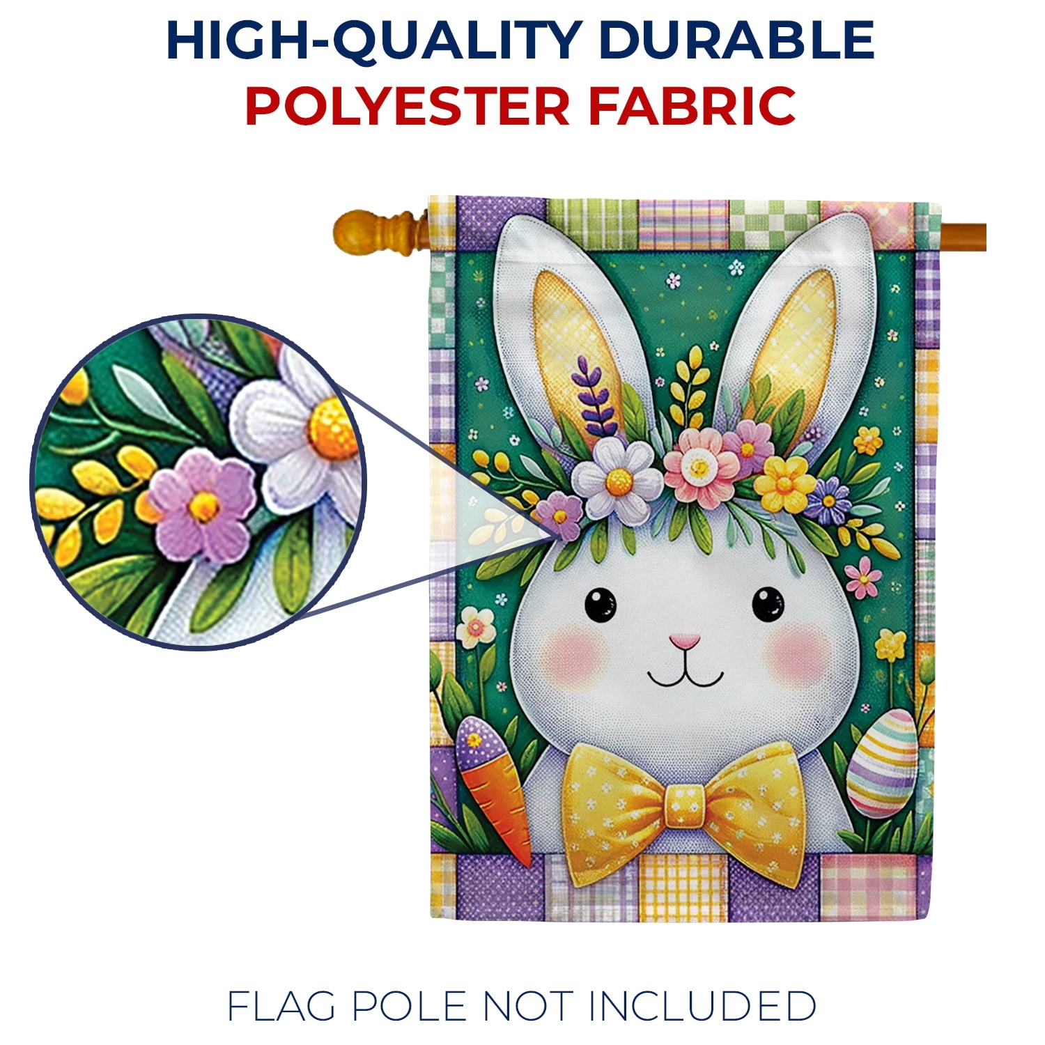 America Forever Patchwork Easter Bunny House Flag, 28 x 40 inch Double Sided, Quilted Bunny Portrait Flag, Country Easter Decor, Spring Patchwork Yard Flag
