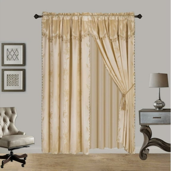 Nada Gold 2 Piece Complete Curtain Set 120" W X 84" L With Attached Valances ,Attached Backing Sheer ,Backing Panels and 2 Tassels Faux Silk Shiny Rod Pocket 100% privacy Leaf Floral Design