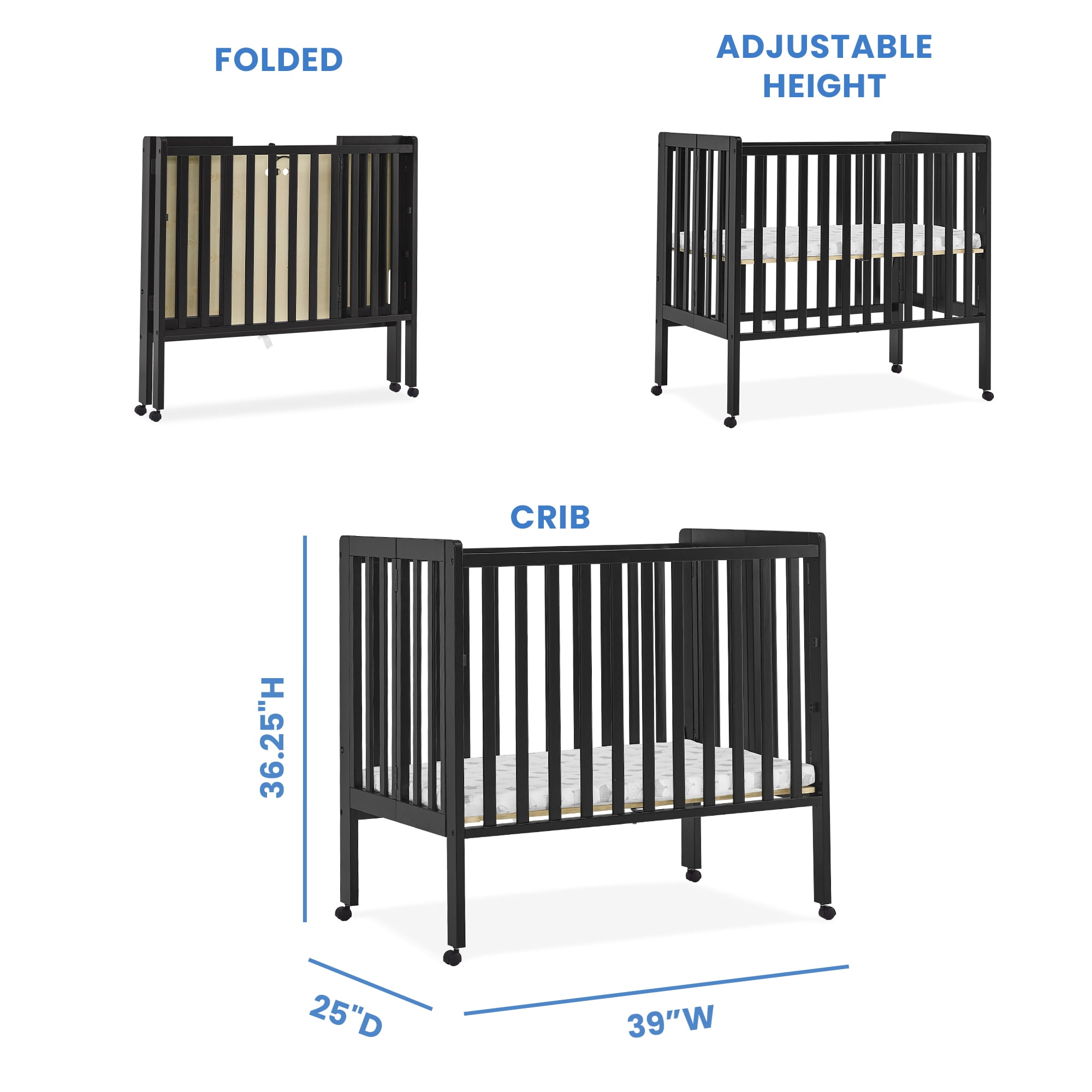 Delta Children Lee Portable Folding Mini Crib with 1.5-Inch Mattress - Greenguard Gold Certified, Black