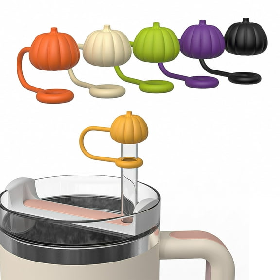 Qnjujn 5-Pack Fall Silicone Straw Toppers, 10mm Reusable Pumpkin Lid for 30/40oz Tumblers, Thanksgiving Halloween Drink Protectors