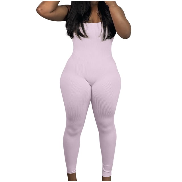aidice Yoga Bodysuits for Women Ribbed Scoop Neck Spaghetti Strap Skinny Athletic Leggings Jumpsuits