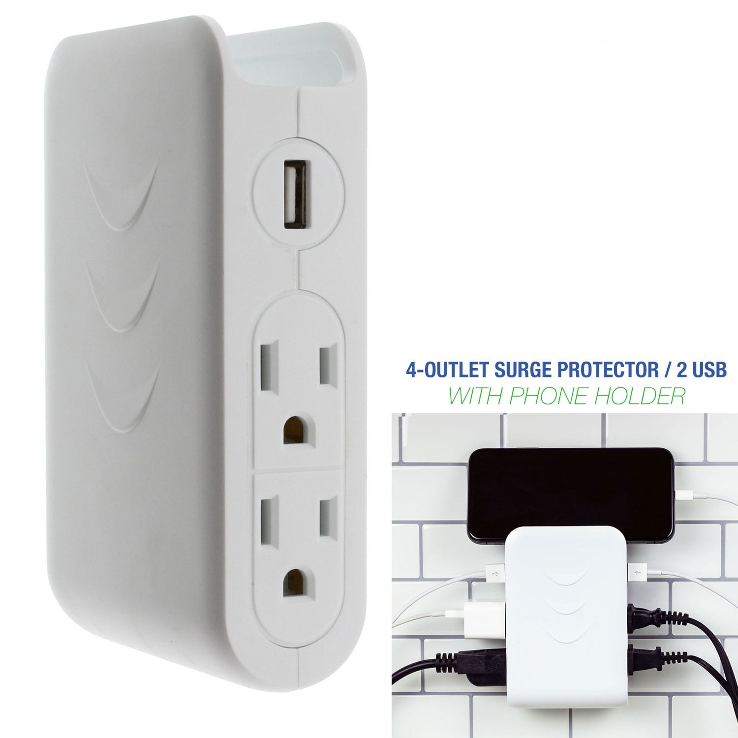 White 4 2 Usb Wall Mount Side Tap Surge Protector With Cell Phone Dock Design