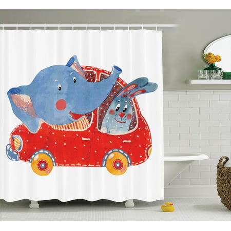 Cartoon Decor Shower Curtain Set, Watercolor Sketch Of Young Blushed Elephant And Hare In Small Car Best Friend Travel, Bathroom Accessories, 69W X 70L Inches, By