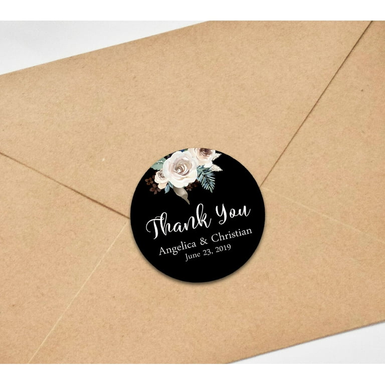 Darling Souvenir Round 45 Pcs Wedding Couple Thank You Stickers  Personalized Bride Groom Names and Date Envelope Seals-Black