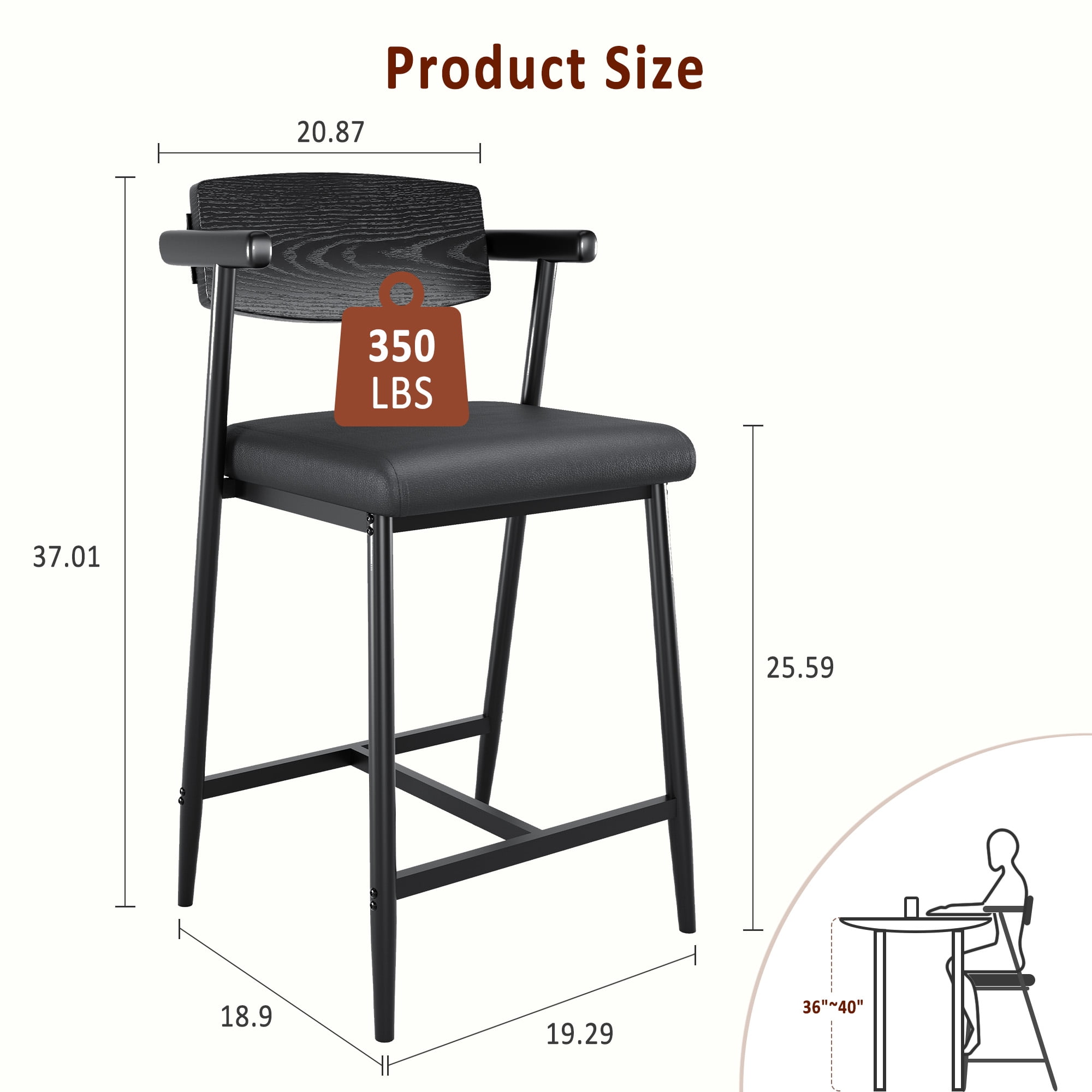 Modern Set of 2 Counter Height Bar Stools with Arms, Wooden Backrest, Wide Upholstered Seat, Metal Footrest – Easy Assembly, Perfect for Kitchen Island, Home Bar, Classic Black, Wooden Backrest