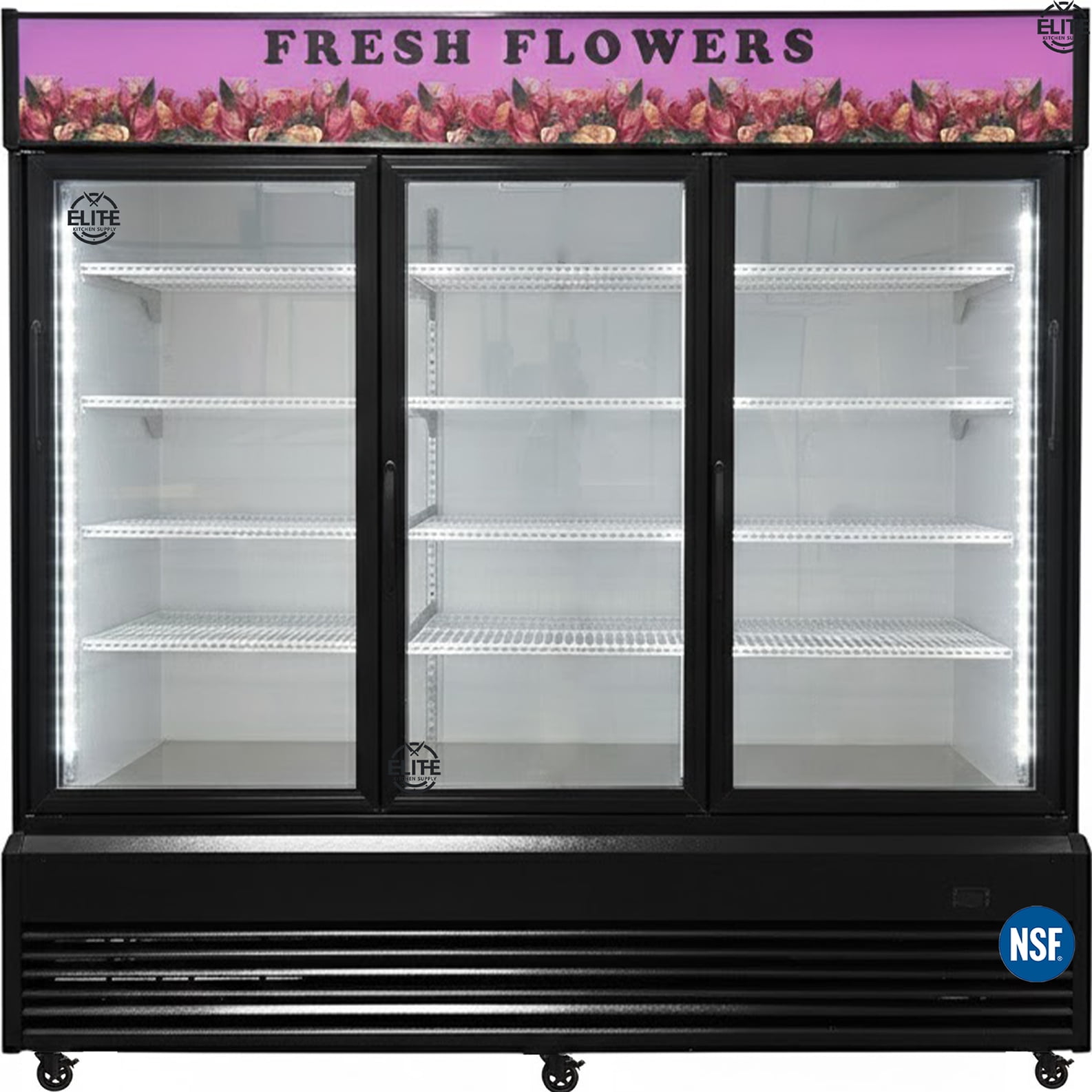 78” 3-Door Commercial Flower Display Refrigerator, 60 Cu.Ft. Floral Cooler, LED Light, Black Exterior, NSF Certified, R290 Eco Refrigerant
