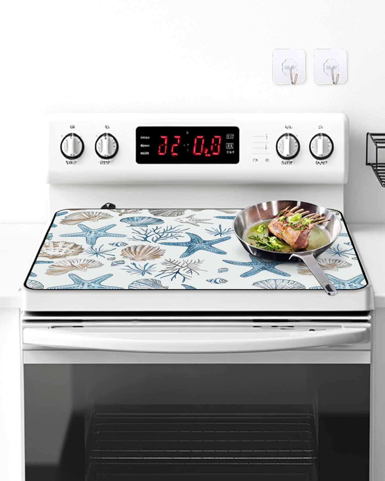 Stove Top Covers for Electric Stove, Blue Beige Coastal Glass Stovetop Cover Protector, Summer Beach Nautical Starfish Shell Induction Cooktop Protector Oven Mat for Kitchen Countertop 24"x21"