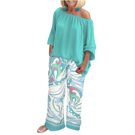 ITSUN Women's 2 Piece Outfits Casual Wrap Chest Print Blouse Shirt 3/4 Sleeve Top Shorts Set Leisure Plus Size Lounge Matching Sets Green XXL