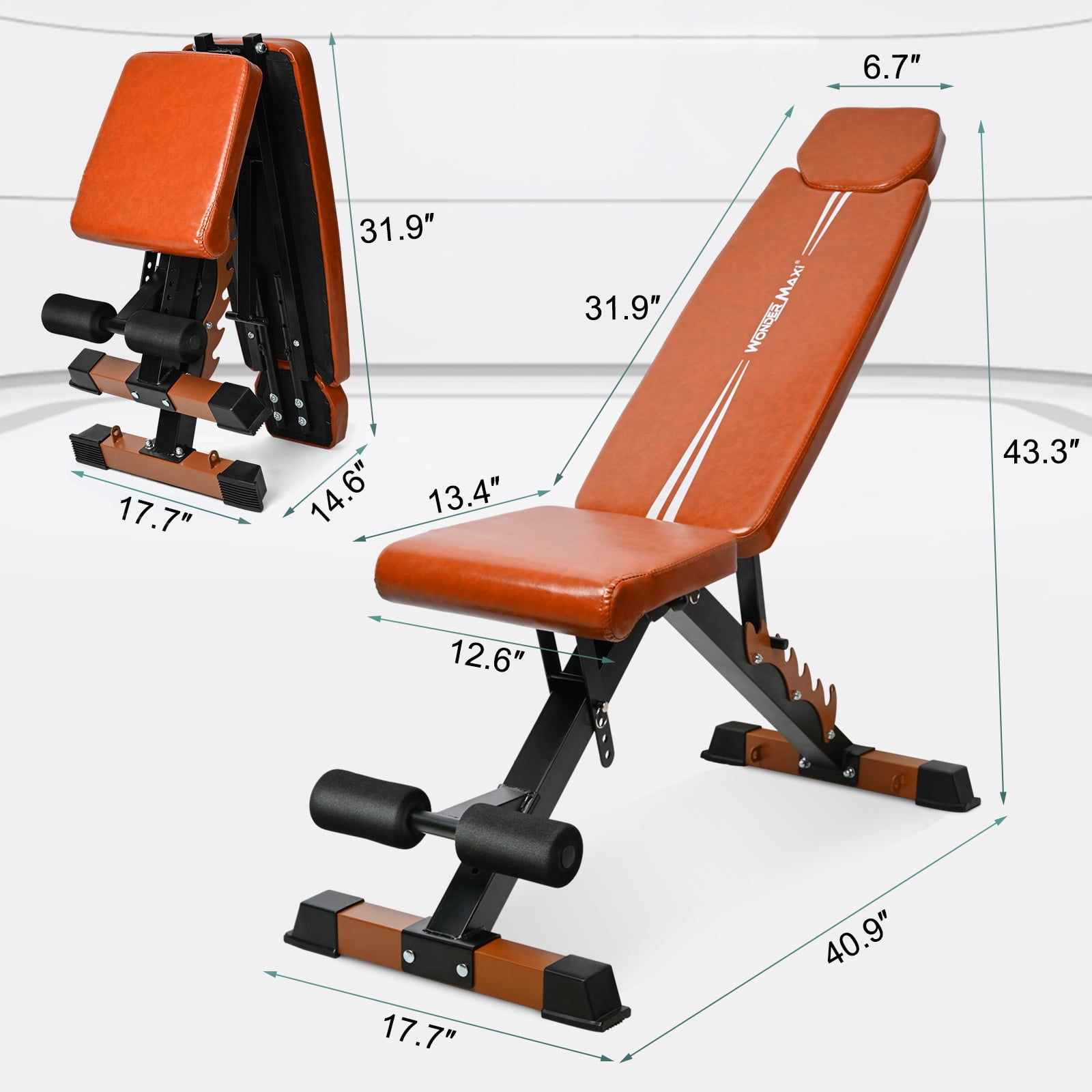 Wonder Maxi Adjustable Weight Bench Strength Training Foldable Workout Bench Up to 700 lbs (Brown)