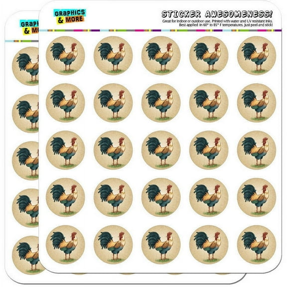 Vintage Rooster on Floral Background 50 1" Planner Calendar Scrapbooking Crafting Stickers