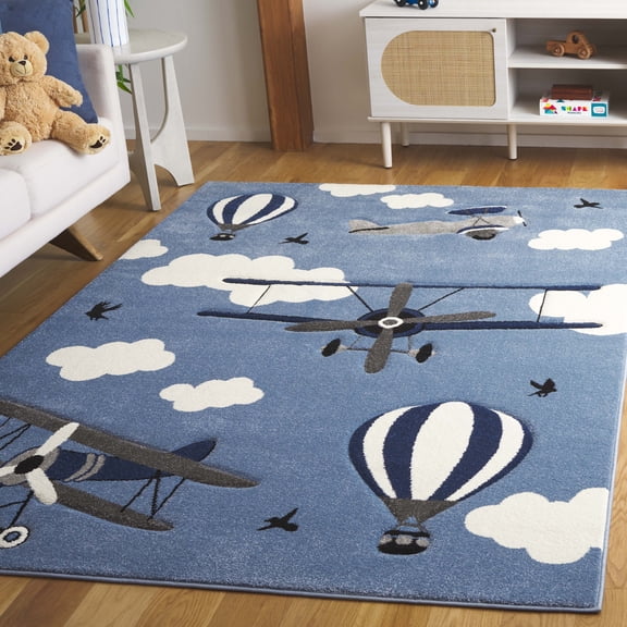 SAFAVIEH Carousel Kids Biplanes in the Sky Area Rug, Blue/Ivory, 6'7" x 9'