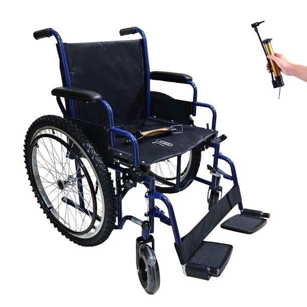Silla de Ruedas Todo Terreno | Incluye Bomba de Aire y Kit de Reparación | Soporta 110 Kg, Llanta Trasera Neumática 24” | (Azul)