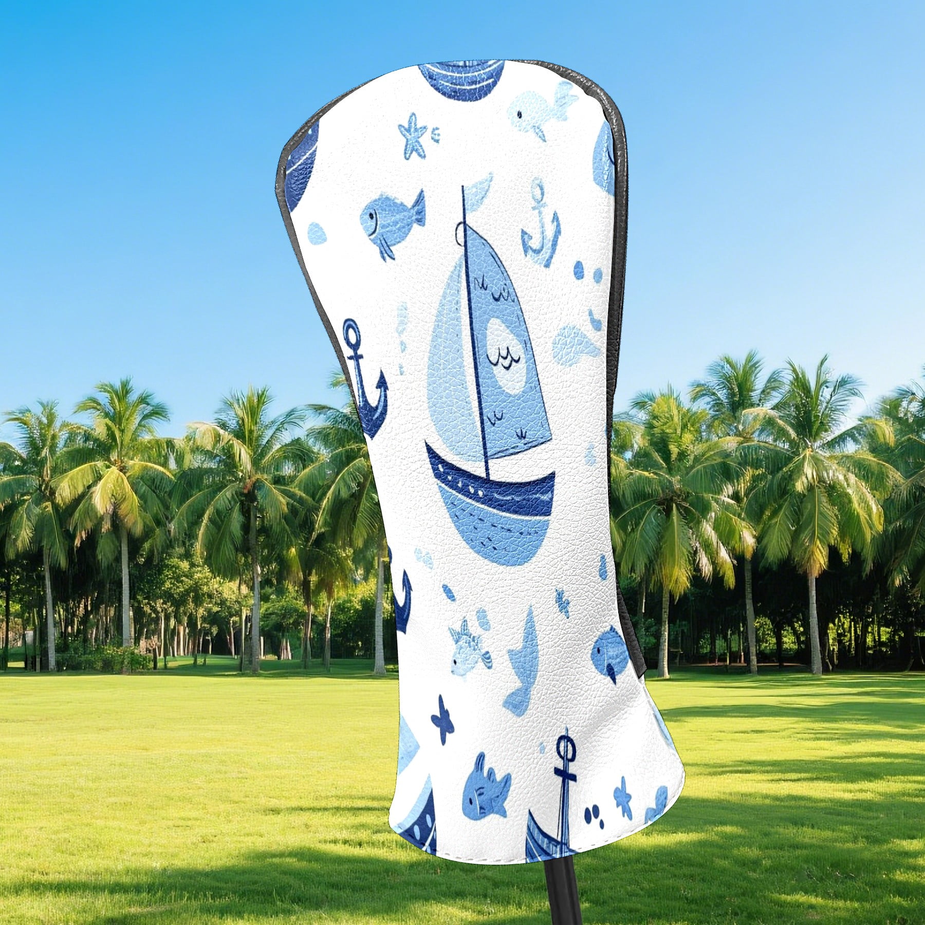 Golf Head Covers Blue Sailboat Pattern for Driver, Wood & Hybrid, Premium Waterproof PU Leather with Plush Lining, Nautical Golf Gifts