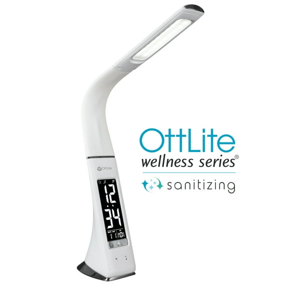 OttLite Modern Adjustable Thrive Lamp LED Sanitizing Desk Lamp with Clock and USB Charging, Polished White, Touch Activated, Flexible Neck, Modern Light for Reading, Crafting & Office