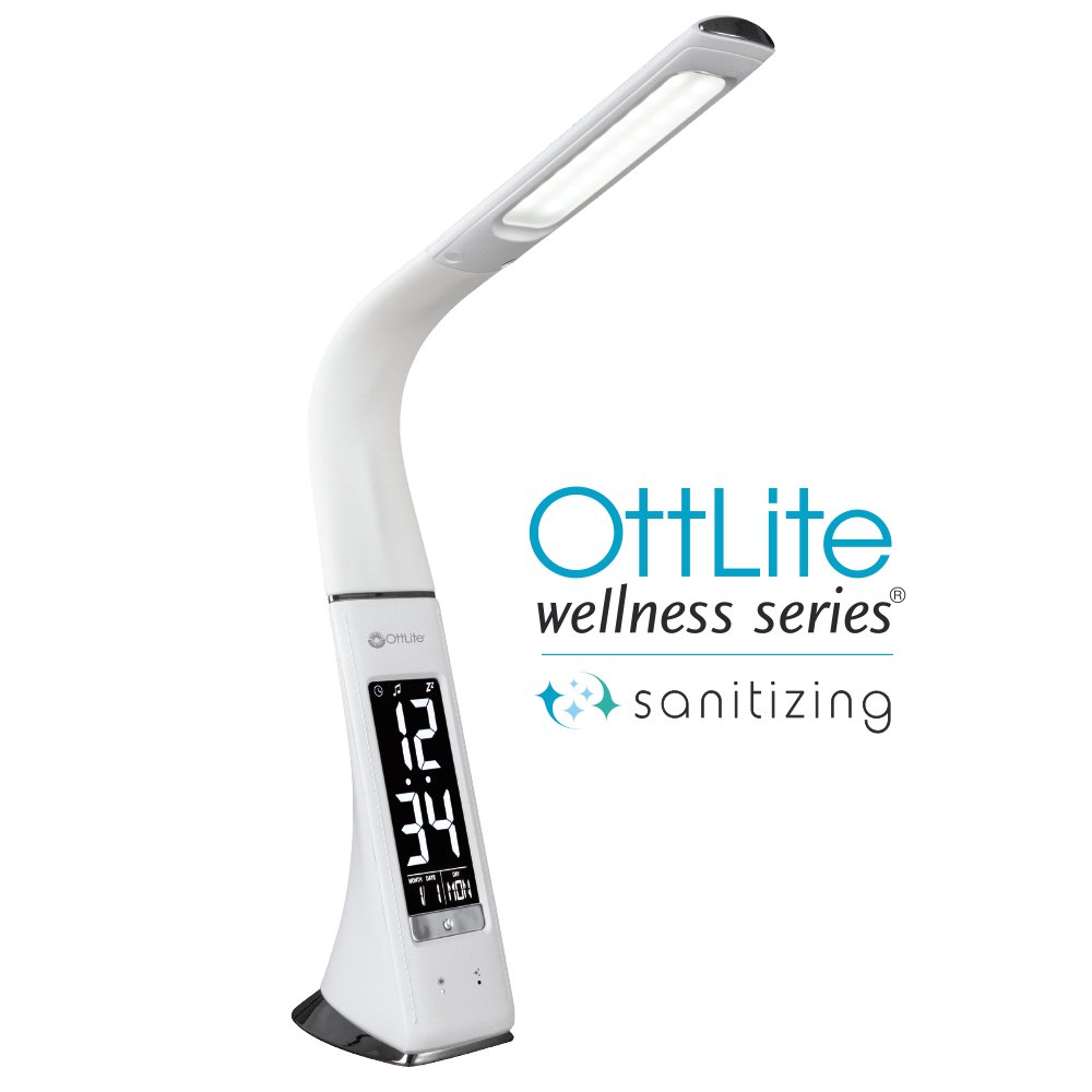 OttLite Thrive LED Sanitizing Desk Lamp with Clock and USB Charging, White