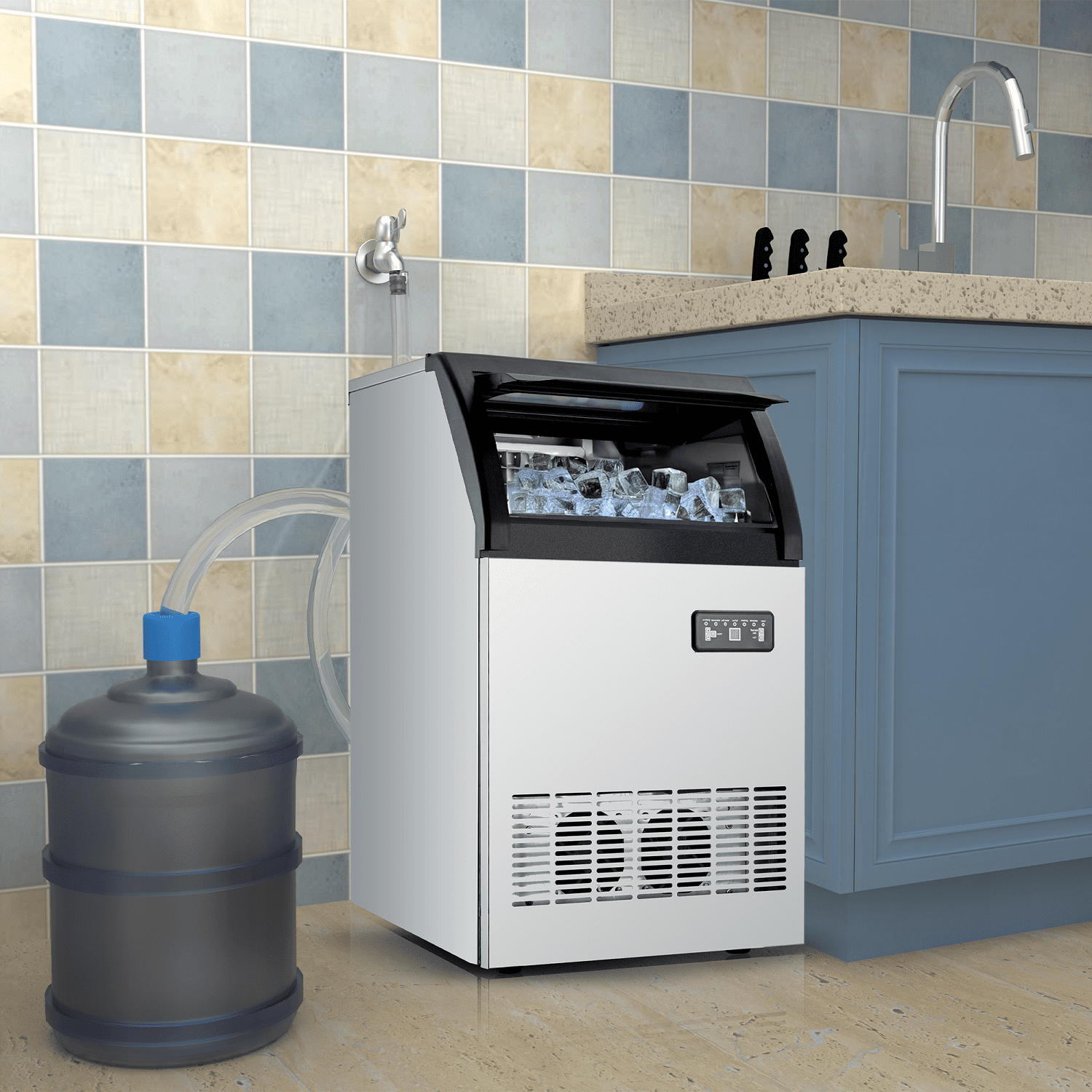 Garvee Commercial Ice Maker Machine 100lbs/24H, Stainless Steel Under Counter ice Machine with Large Storage, Double Water Inlet, Silver