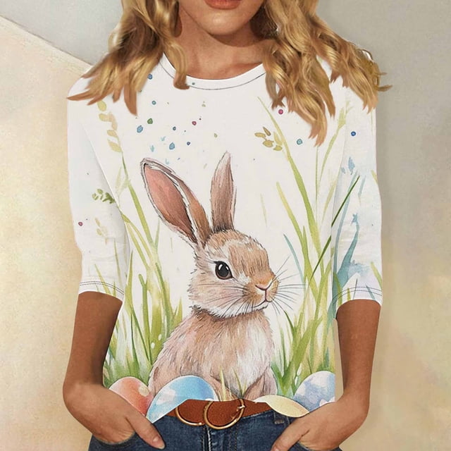 TaTaai Women's Easter Printed Pullover T-Shirt Round Neck 3/4 Sleeve Casual Loose Fit Holiday Spring Festival Top Everyday Blouse Gift