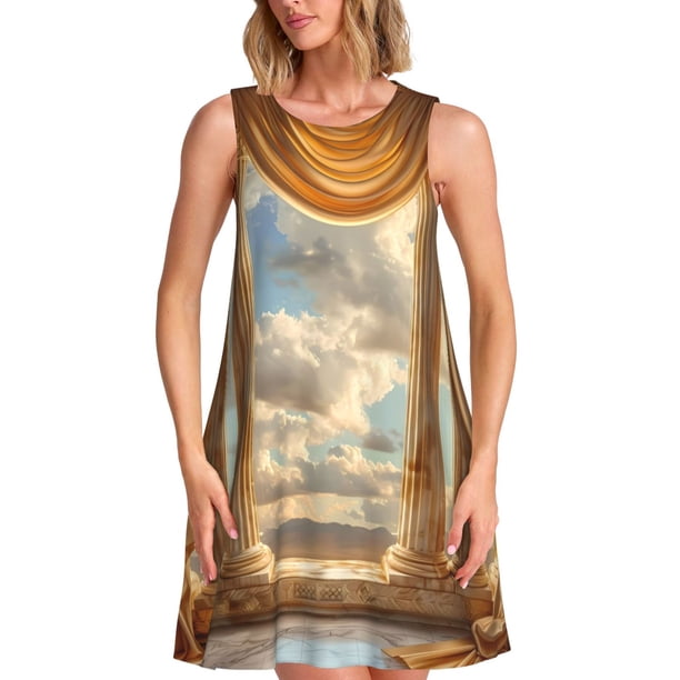 Fotbe Golden Drapes Pillars Clouds Vestido de Verano sin Mangas para Mujer – Vestido Midi Línea A, Estilo Camiseta Floral, Vestido Playero Casual y Fluido