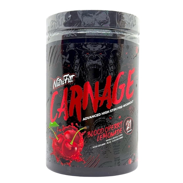 Preentreno Carnage 21 servicios Blood Cherry Lemonade NutriFitt negro