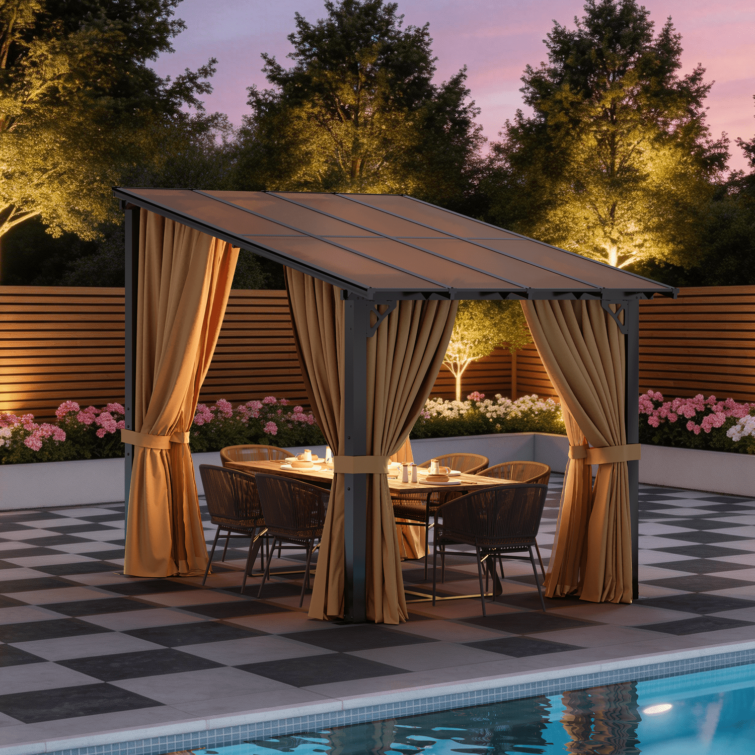 LazySunsets 8x10 FT Wall-Mounted Aluminum Gazebo Polycarbonate Roof with Full Mosquito Netting & Privacy Curtains
