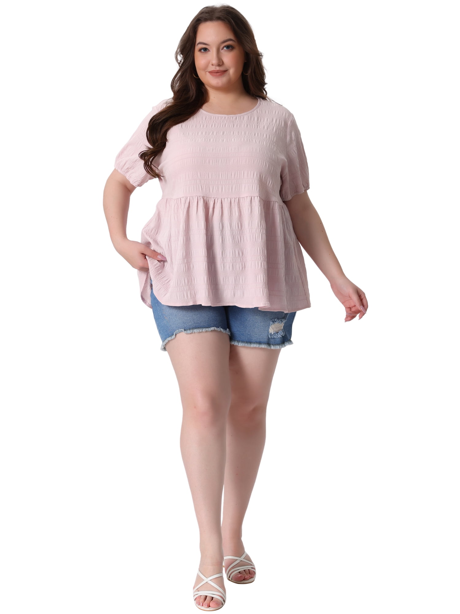 Women's Plus Babydoll Tops Crewneck Short Sleeve Loose Fit Flowy Blouse 3X Light Pink