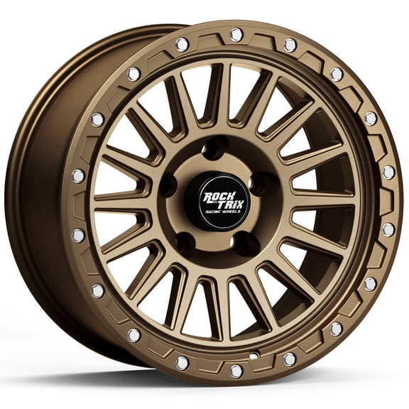 RockTrix RT113 17 inch Wheel Compatible with Jeep Wrangler JK JL 17x9 5x5 Wheels ( 12mm Offset, 5.5in Backspace) 5x5 PCD, 71.5mm Bore, Bronze, Also fits Commander Grand Cherokee Gladiator JT Rims