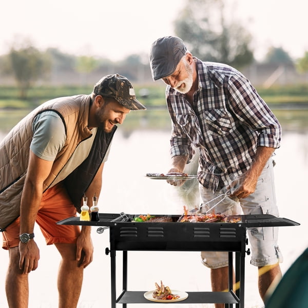Portable 2-in-1 Charcoal Grill, Foldable Kabob BBQ with Pan & Grill, Adjustable Height, Storage Trays for Camping/Picnics/Backyard