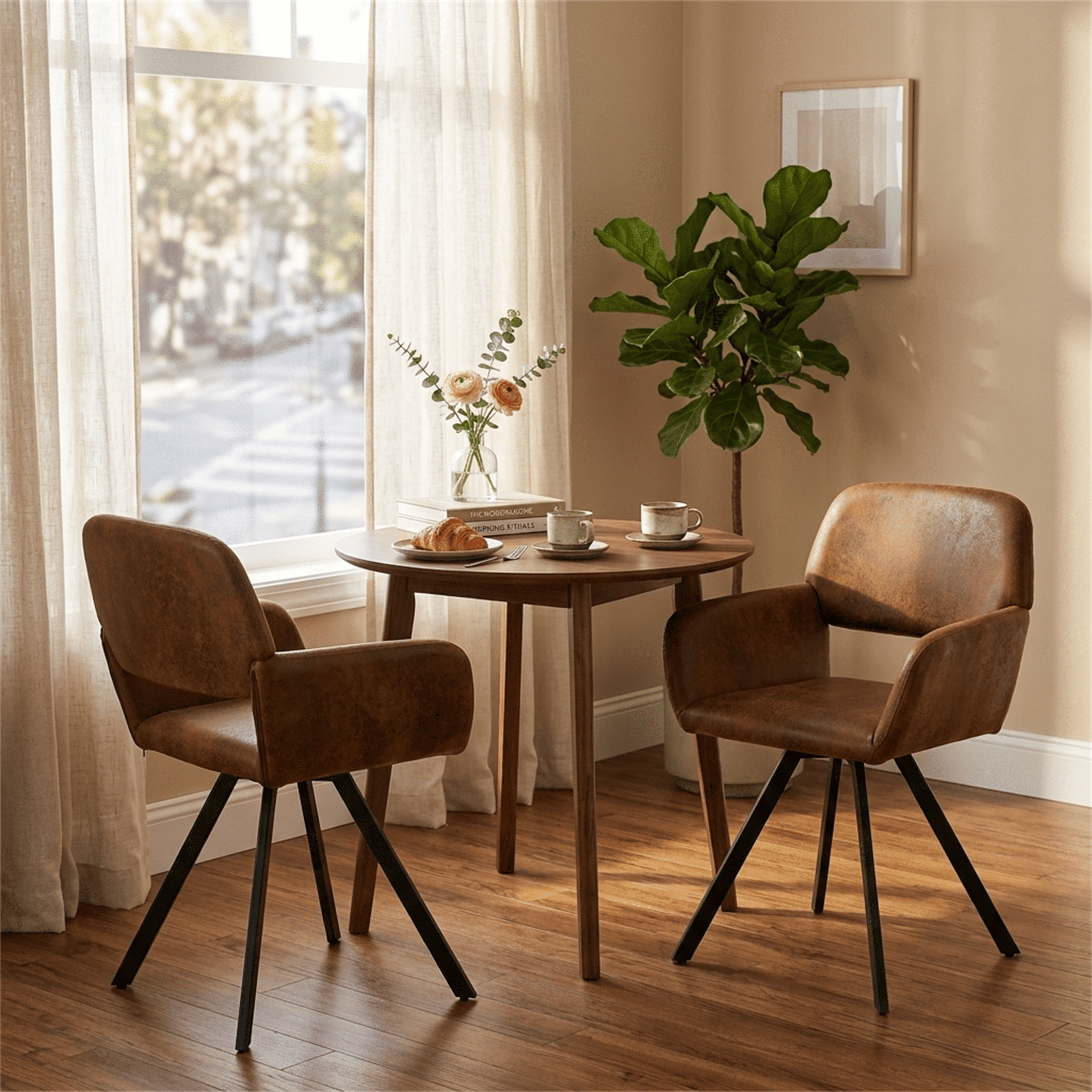 Homy Casa Swivel Dining Chairs Set of 2, Upholstered Armchairs with Black Metal Legs, Dark Brown