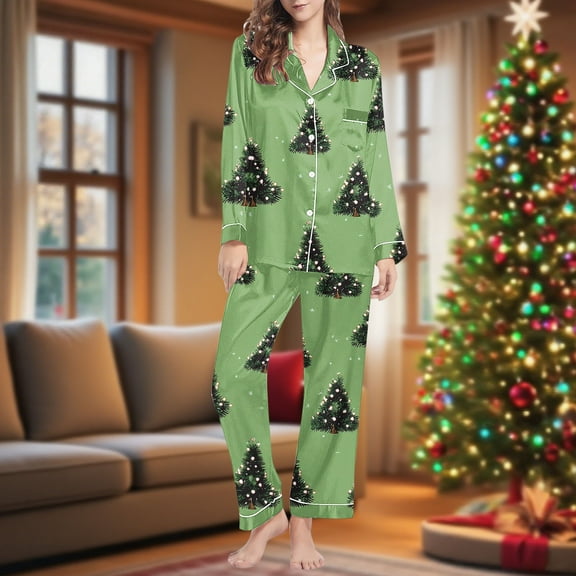 FDGIU Women's Christmas Pajama Set‌, Holiday Printed Long Sleeve Button Down Shirt & Pants, Cozy Festive Loungewear