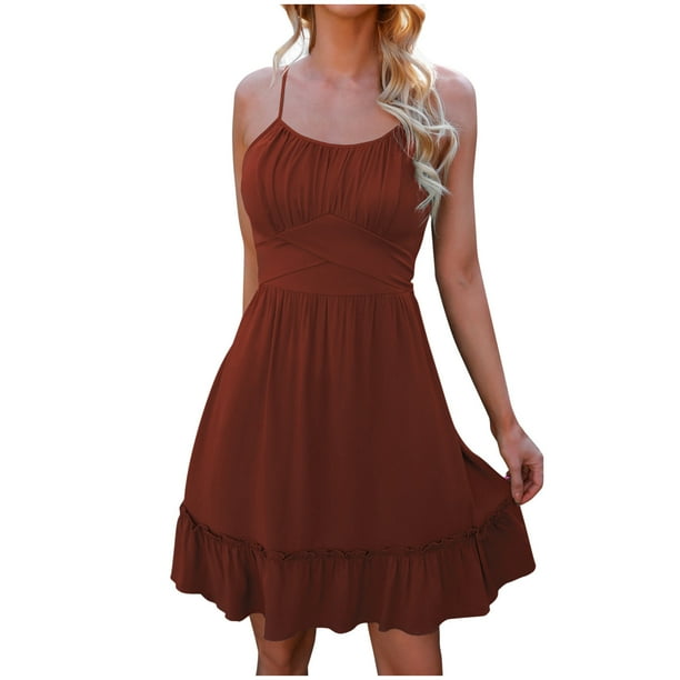 Vestido liso sin mangas con cuello redondo y cuello redondo de playa informal de verano para mujer Fridja hjkh5118