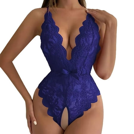 hoadeuw Crotchless Bodysuits for Women V Neck Spring Summer Lace Solid Color Bow Underneath Opening Sexy Slimming Lingerie Teddies Leotard