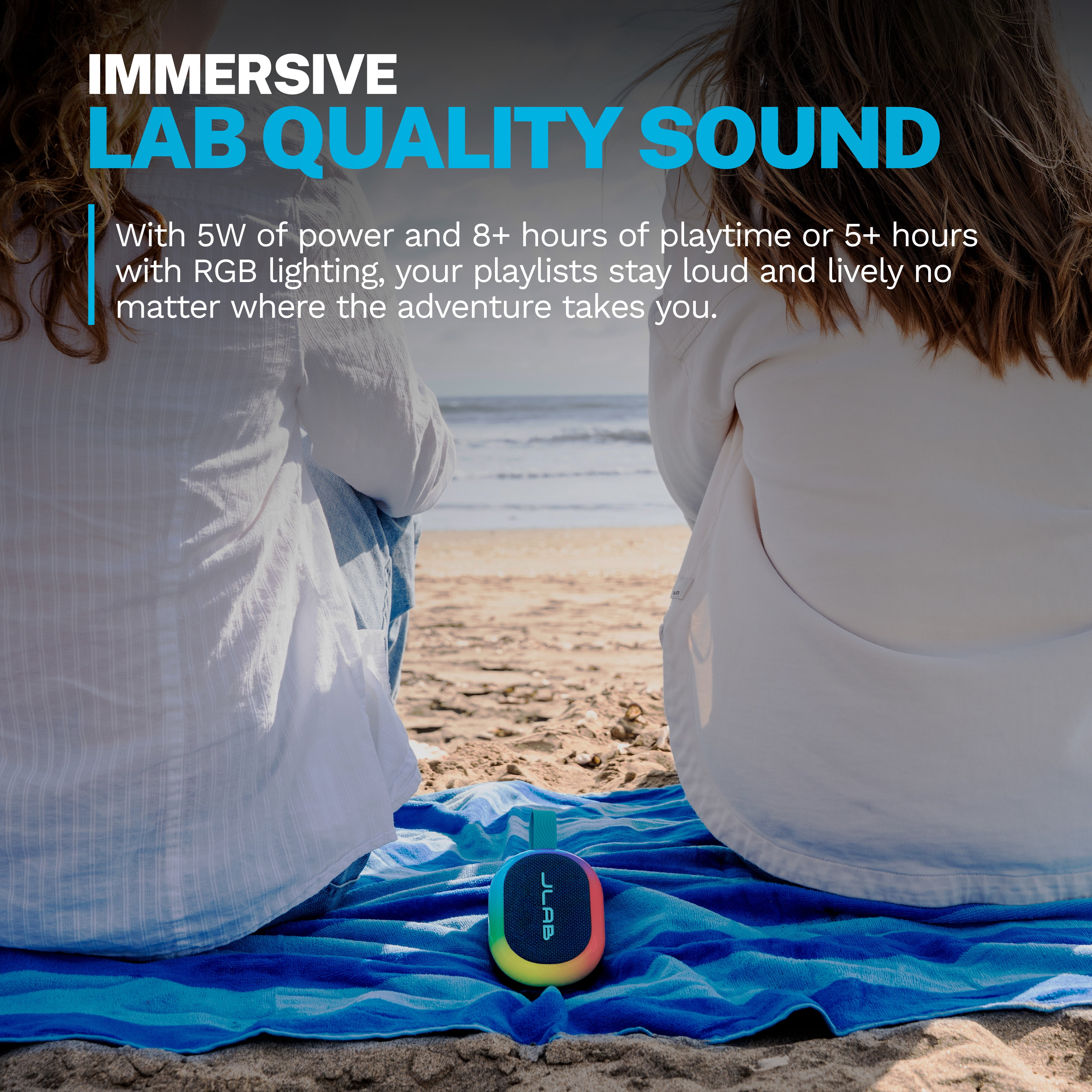 JLab Pop Party Portable Bluetooth Speaker, 5W, 8 Hour Playtime, RGB Lighting, Splashproof, Navy