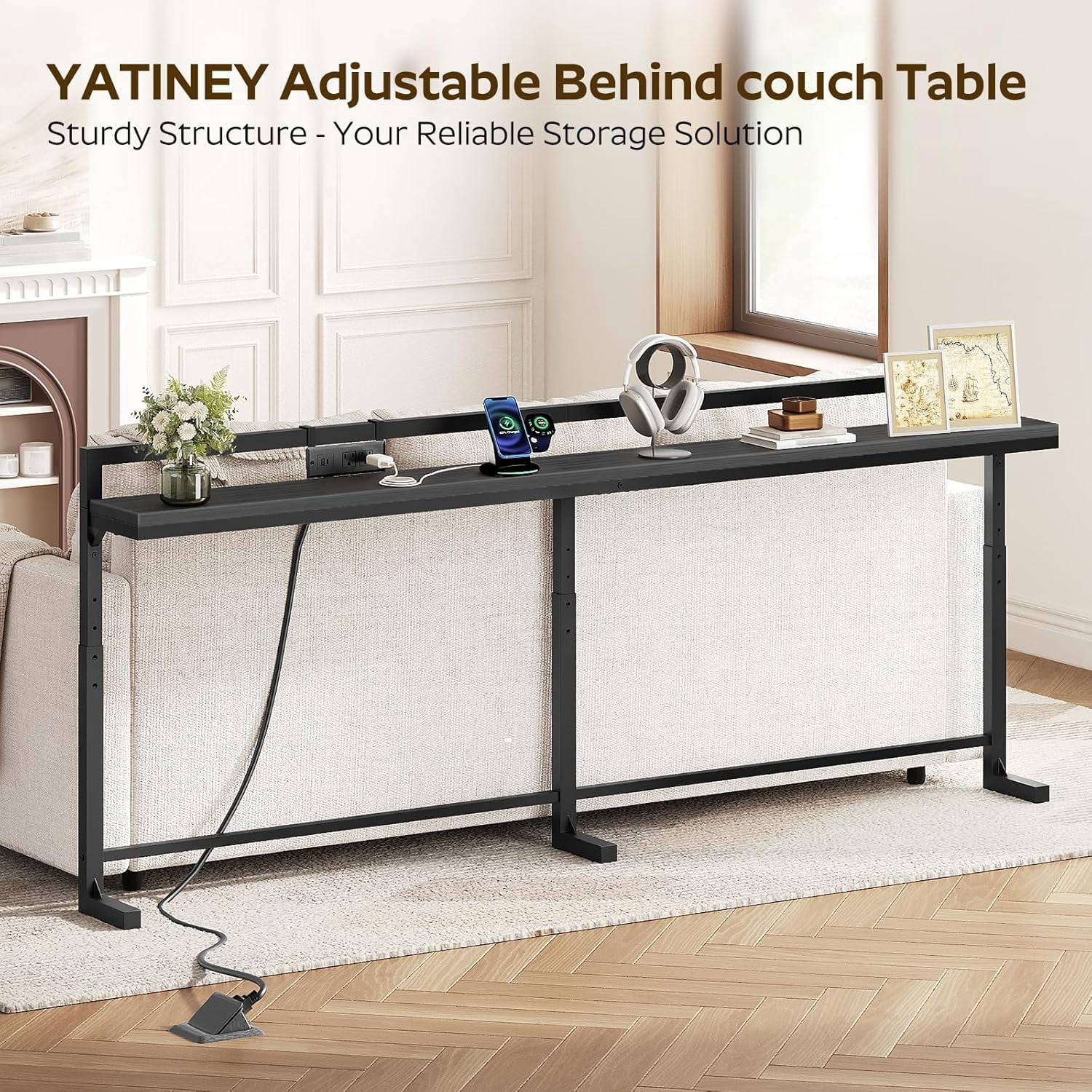 78.7'' Narrow Console Table Adjustable Height 27.6''-35.4'' with Outlet, Long Behind Couch Sofa Table Entryway Table Living Room Rustic Brown