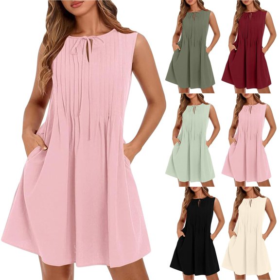 TAGOLD Womens Camis Sleeveless Dress Crew Neck Waist Ruffle Casual Summer Daily Outfit
