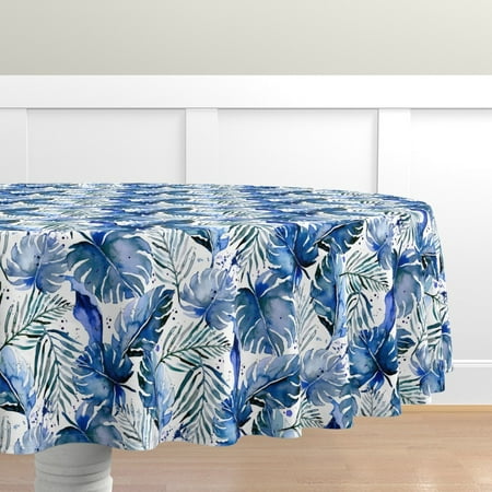 

Cotton Sateen Tablecloth 90 Round - Tropical Plants Indigo Leaves Hawaiian Hawaii Watercolor Beach Print Custom Table Linens by Spoonflower