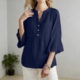 thumbnail image 7 of Ecqkame Womens Linen Tops Dressy Business Casual Ruffle 3/4 Sleeve Summer V-Neck Solid Color Blouses with Buttons Navy M, 7 of 7