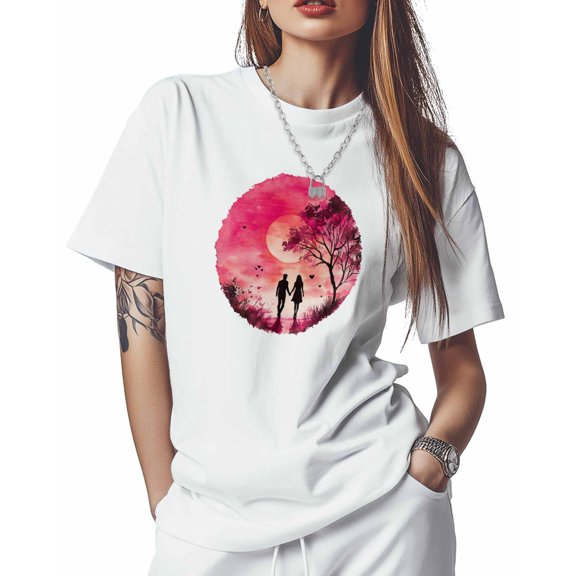 Women's T-Shirts, Valentine's Day Tree Love Couple Cotton Crewneck Tee Short Sleeve Casual Tops Loose Graphic T-Shirt White, 3XL
