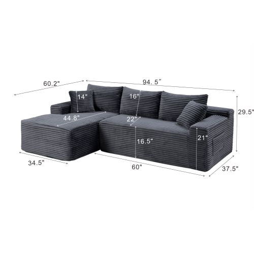 Howcool Boneless Cloud Sectional Couches for Living Room, Comfy Fluffy L Shaped Memory Foam Deep Seat Boneless Couch, 95" Modular Sectional Sofa with Left Facing Chaise,Grey