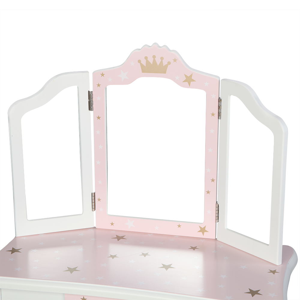 Pink Children's Vanity Table, Wooden Toy Makeup Vanity Set with Tri-Folding Mirror, Wood Dressing Table with Single Drawer, Storage Bedroom Furniture for Girls, Wood Make-Up Vanity Table Set, S6224 - image 3 of 8