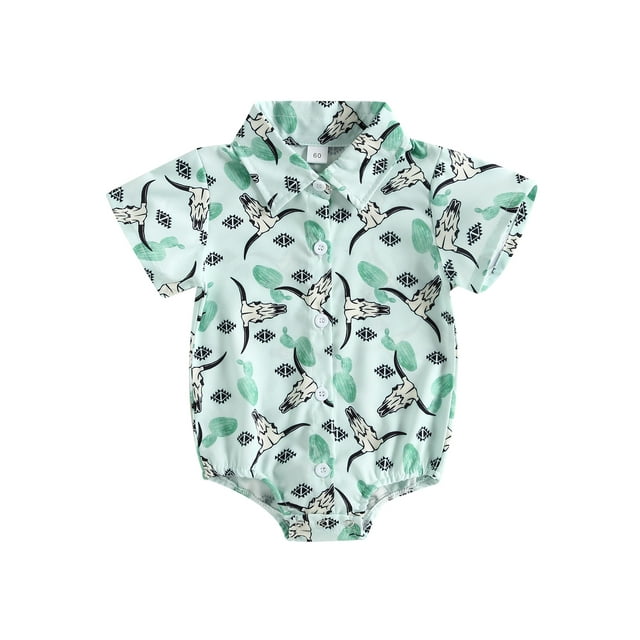 Fortune Barboteuse Garçon Bébé Imprimé Vache Manches Courtes Chemise à Boutons Justaucorps