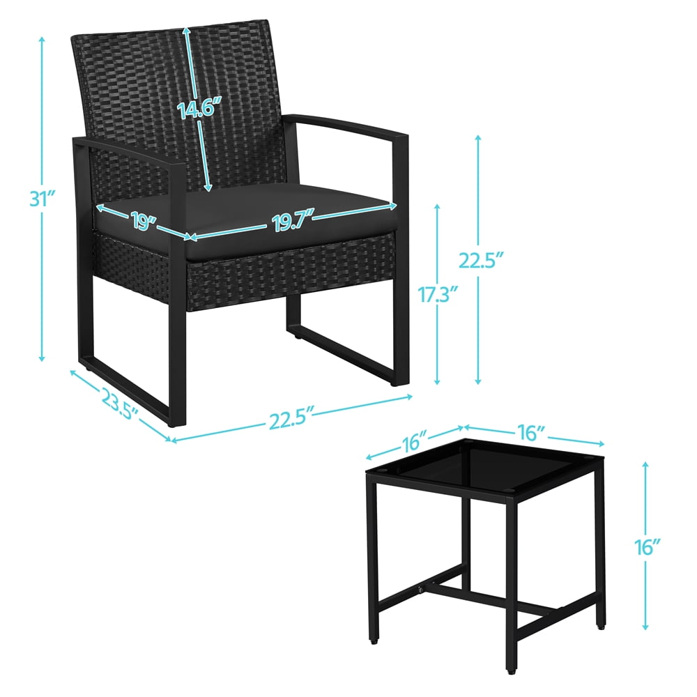 Yaheetech 3-piece Patio Set 2 Rattan Chairs & Table with Cushions, Black