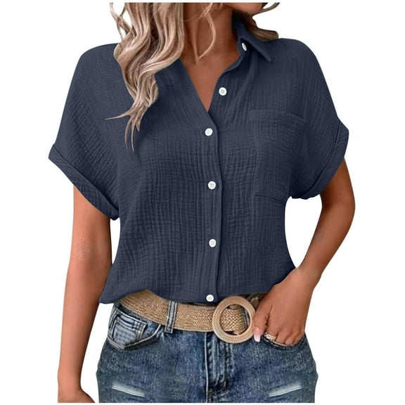 Olyvenn Womens Button Down Shirts Short Sleeve Shirt 2025 Summer Cotton Linen Wrinkled V-Neck Top with Pockets for Home Beach Navy XXL