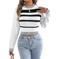 thumbnail image 3 of Women Casual Color Block Stripe Ribbed Crew Neck Slim Cropped Long Sleeve Knit Pullover Sweater White S, 3 of 10