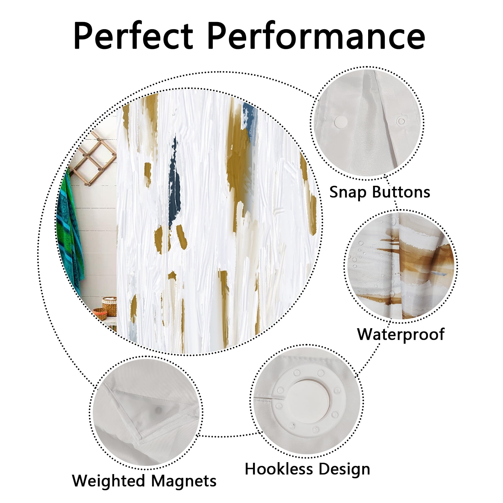 No Hooks Navy Blue and Gold Shower Curtain Set with Snap in Liner, Blue and White Graffiti Brush Strokes Oil Painting Abstract Bathroom Decor, Double Layers Waterproof Fabric Bath Curtain 71" X 74"