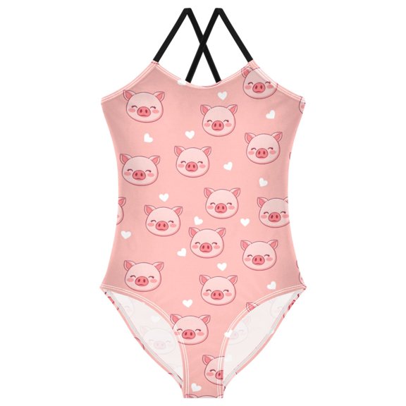 Girls Cute Pigs Print One Piece Swimsuit, Cross Back Spaghetti Strap Bathing Suit for Kids Summer Beach Pool Swimwear 7-8T