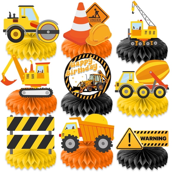 9PCS Construction Honeycomb Centerpieces Themed Birthday Party Decorations Excavator Truck Centerpiece Table Decoration Party Favors Decor Supplies Gifts