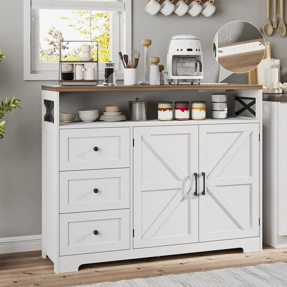 Veanerwood Farmhouse Buffet Cabinet with Drawers & Open Shelf, Sideboard with Storage, Kitchen Pantry Cabinet Hutch, Coffee Bar Station Cabinet for Kitchen, Dining Room, Livingroom, 47" L White