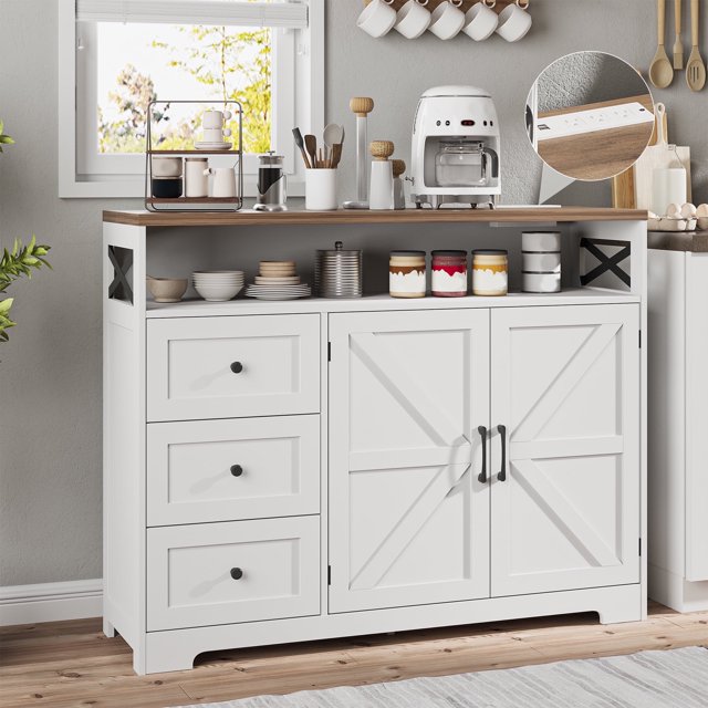 Veanerwood Farmhouse Buffet Cabinet with Drawers & Open Shelf, Sideboard with Storage, Kitchen Pantry Cabinet Hutch, Coffee Bar Station Cabinet for Kitchen, Dining Room, Livingroom, 47" L White
